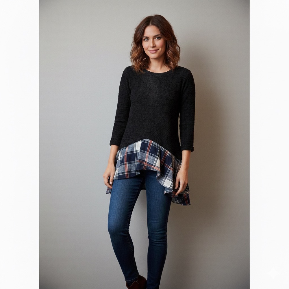 Design Lab Lord & Taylor Black Knit Top with Plaid Ruffle Hem - Large